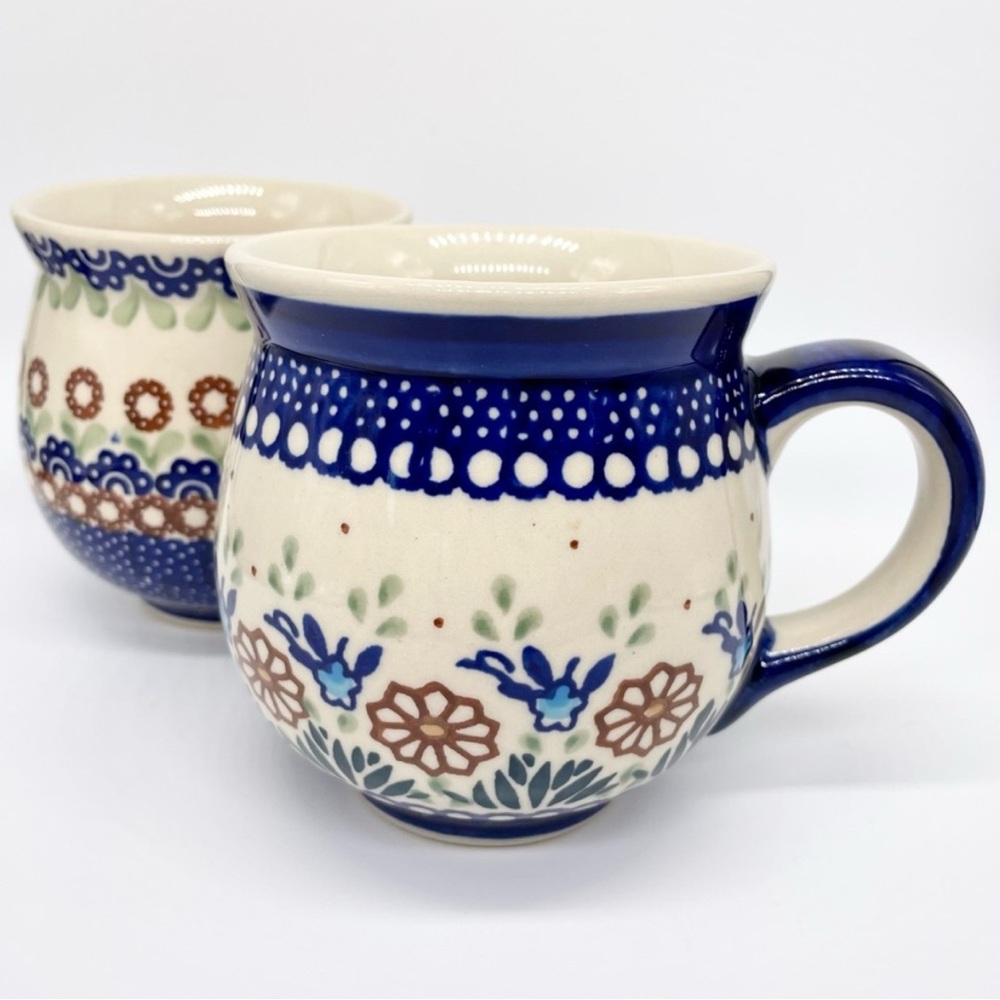 Set of 2 Blue Rose Polish Pottery Brown Flower Bubble Coffee Mugs Mint Condition